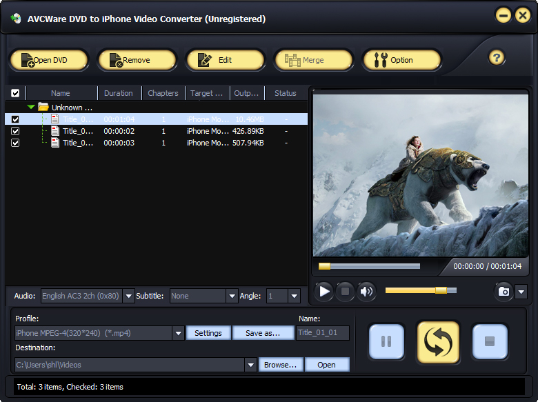 Click to view AVCWare DVD to iPhone Video Converter 6.0.9.0928 screenshot