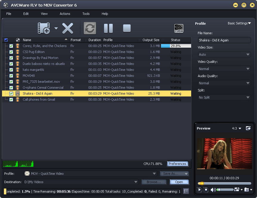 AVCWare FLV to MOV Converter screenshot